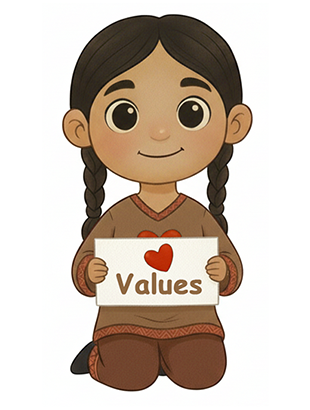 Patchly holding a sign that says Values